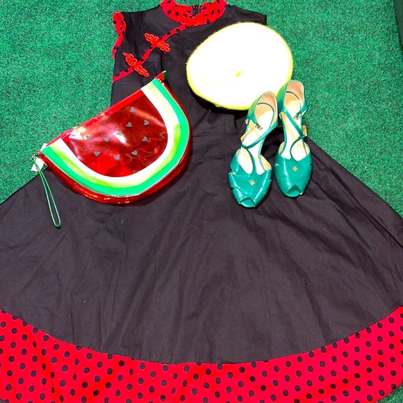 Vintage Retro Asian Black Dress w/Red trim and black Polka dots - Picture 5 of 8